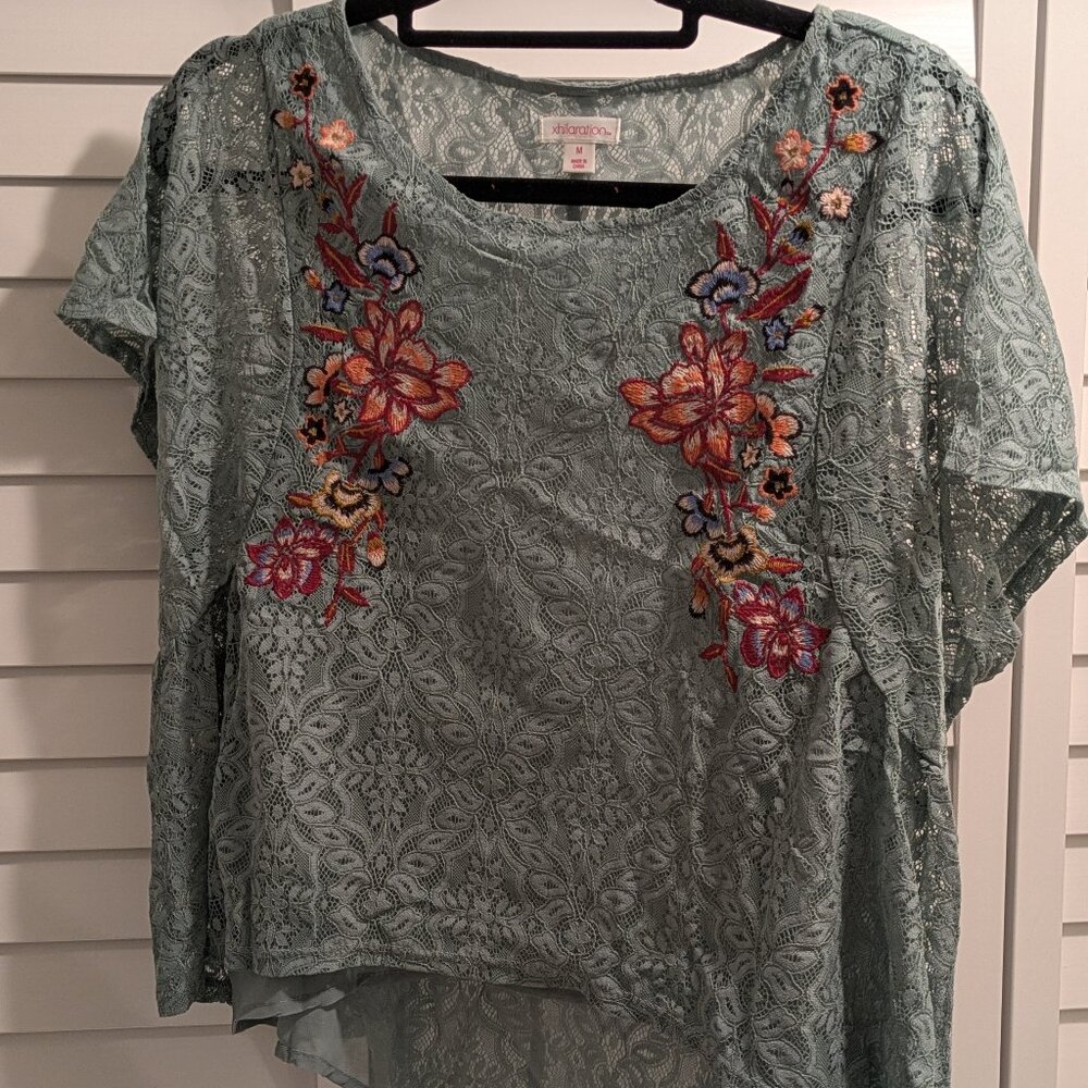 Sage Green Xhilaration Lace Top with Embroidered Floral Overlay
